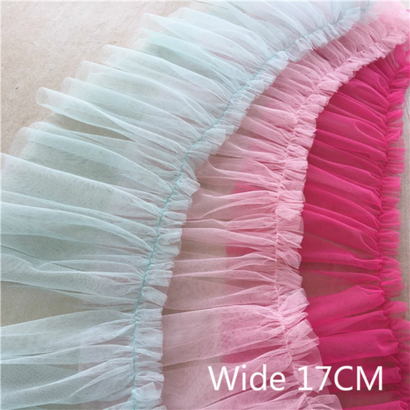 17CM Wide Pink Pleated Chiffon Tulle Lace Applique Ribbon Trim Edge For DIY Sewing Girls Skirt Wedding Dress Fringe Hem Decor