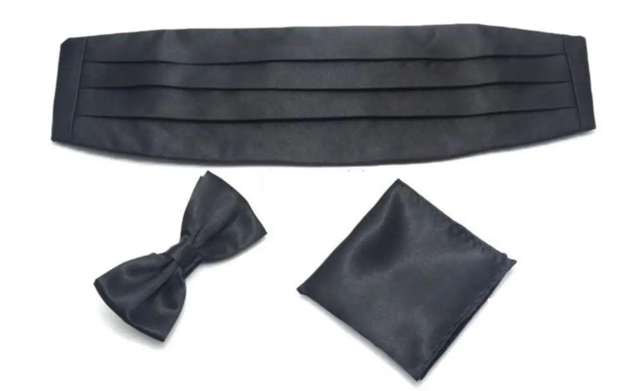 3pcs Men\'s Gown Cummerbund  Sets Bow Tie Pocket Square Wedding Party Suit Belt Ceremonial Belt