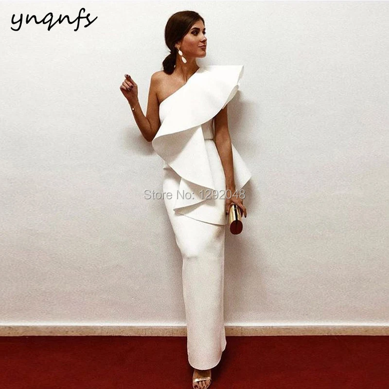 YNQNFS M130 Back Bottom Slit Satin Ruffles One Shoulder White Evening Dress Party Gown Mother of the Bride Dresses