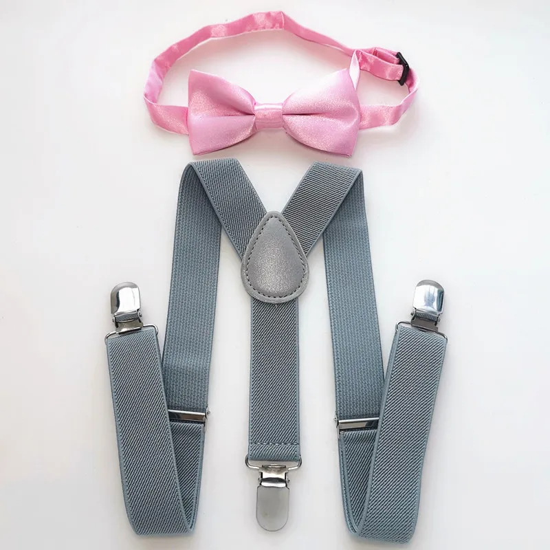 LB001-S Ukuran Lampu Abu-abu Warna Suspender Bow Tie Set Baby Adjustable 3 Cips 4 Klip Kawat Gigi Leher Dasi Set