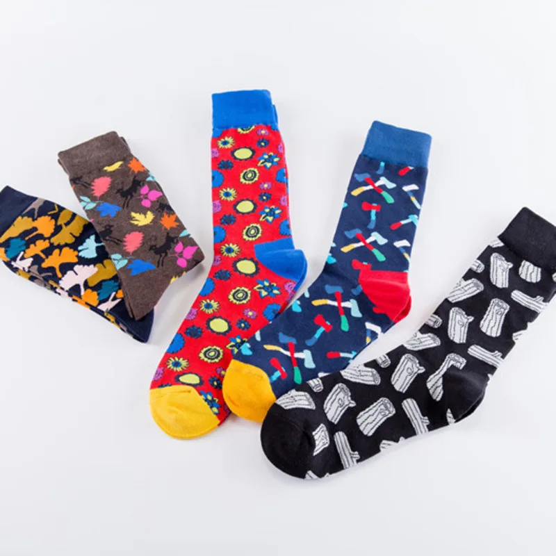 Men Socks Cartoon Deer Flowers Ginkgo Leaf Biloba Stump Ax Fashion Harajuku Hip Hop Male Happy Street Skate Socks Autumn Winter