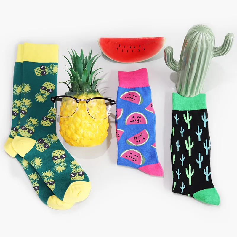 Men Socks Japanese Style Colorful Cartoon Cute Funny Happy Sokken Kawaii Cactus Pineapple Cotton Calcetines Hombre