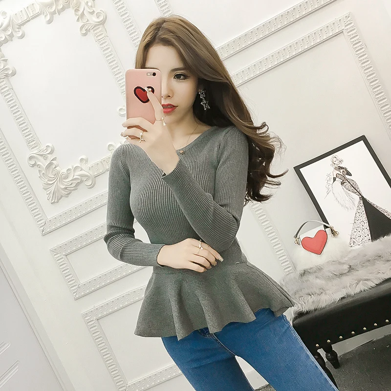 2019 Basic Pullovers Sweaters Hot Women Ruffled Long Sleeve Slim Bodysuit Top Gray Green Black Red Peplum Top Knit Sweater J303