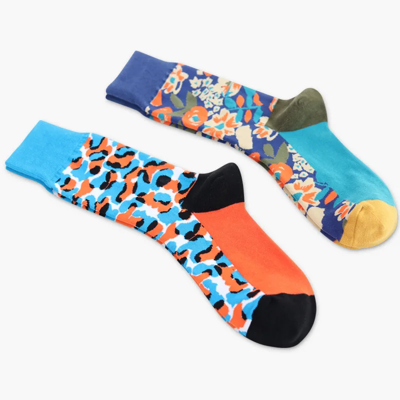 Men Sock Leopard Print Flower Grain Stitching Colorful Happy Funny Skate Harajuku Hip Hop Street Style Casual Cotton Sock Winter