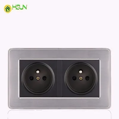 

16a French Standard Wall Double Socket Luxury Power Outlet Enchufe Stainless Steel Brushed Silver Panel 146mm*86mm Ac 110~250v