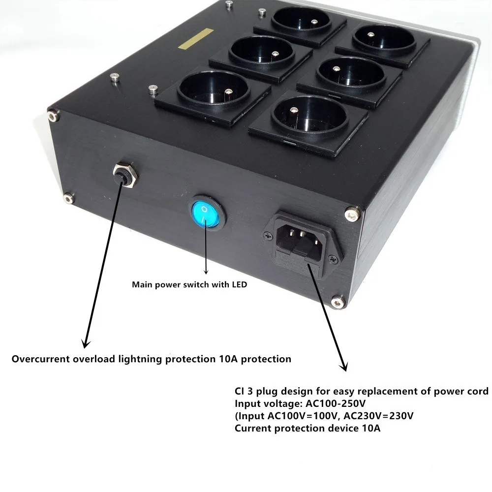 EU-6P-enchufe de CA europeo de 6 posiciones, filtro EMI, acondicionador de potencia, purificador de potencia, protección contra sobretensiones, enchufe de CA europeo