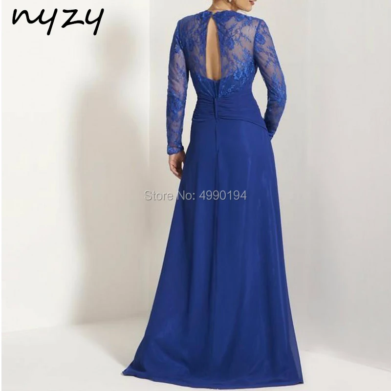 Vestidos de manga larga para la madre de la novia, traje Formal fruncido con volantes, color azul real, para ocasiones, 2019, NYZY M105