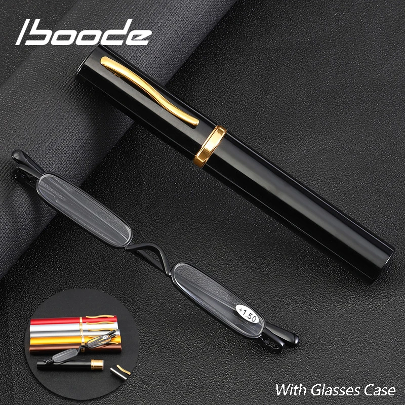 iboode Elegant Women Metal Reading Glasses Men With Case Portable Small Reading Presbyopia Eyeglasses 1.25 1.5 1.75 2.5 2.75 3.5