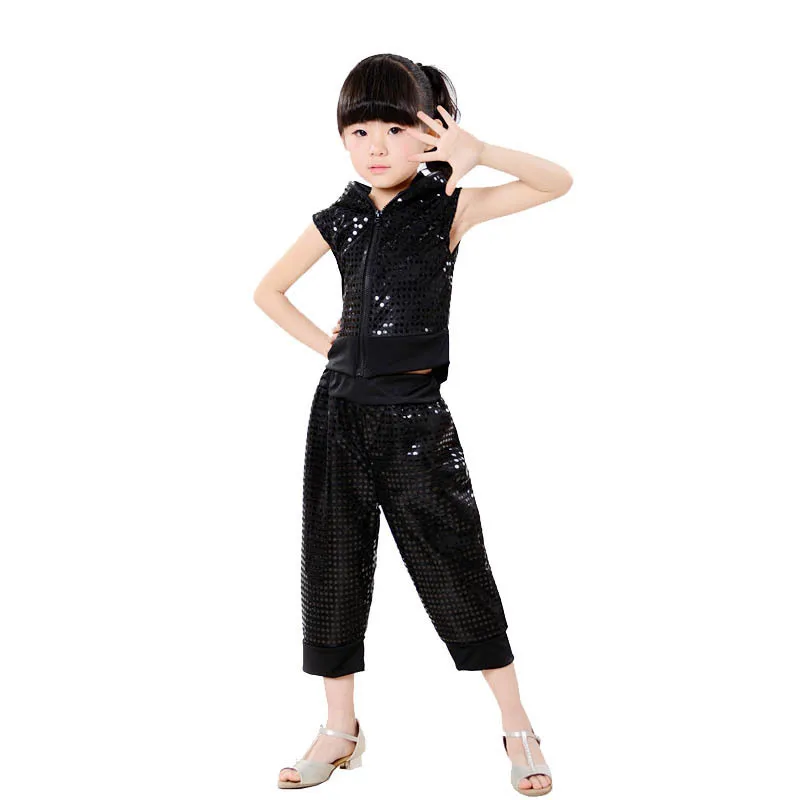 Songyuexia Kids Children Sequin Hip Hop Dance Costumes Girl Boy Jazz Dance stage performance Clothing Crop Top With Hooded