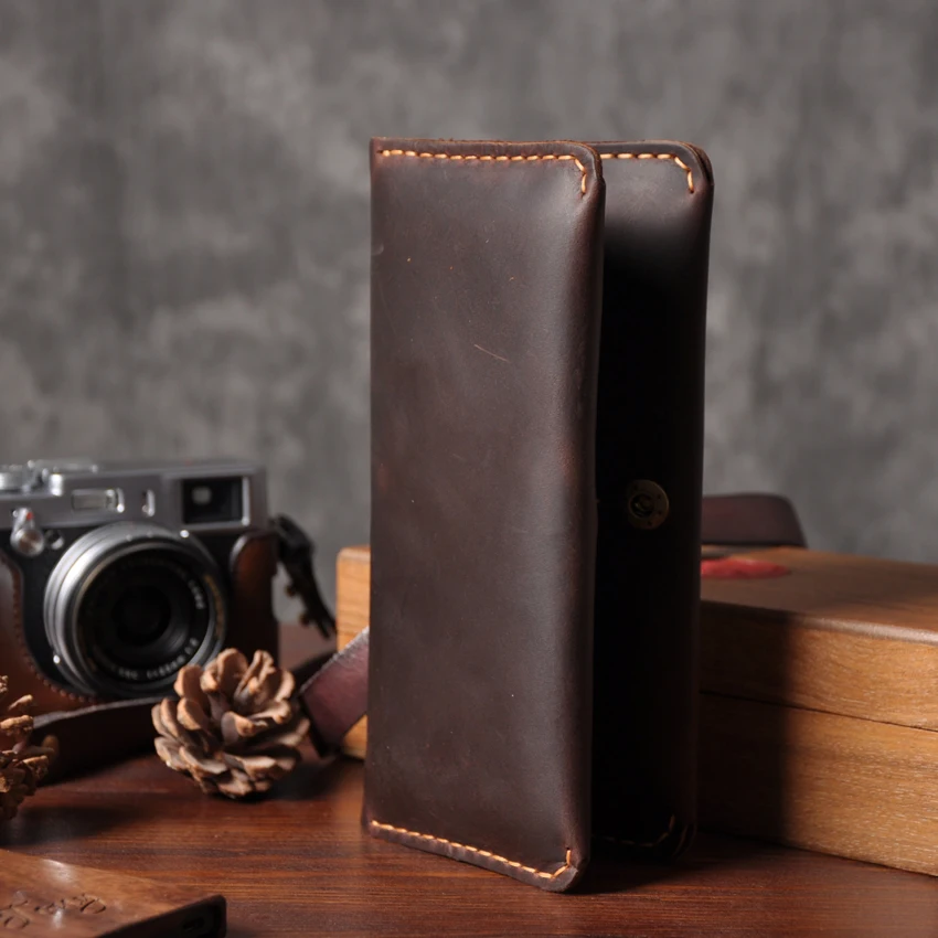 Handmade Vintage Crazy horse Genuine Leather Wallet Men Wallet Leather male Wallet long style Clutch Bag Male purse Money Clips