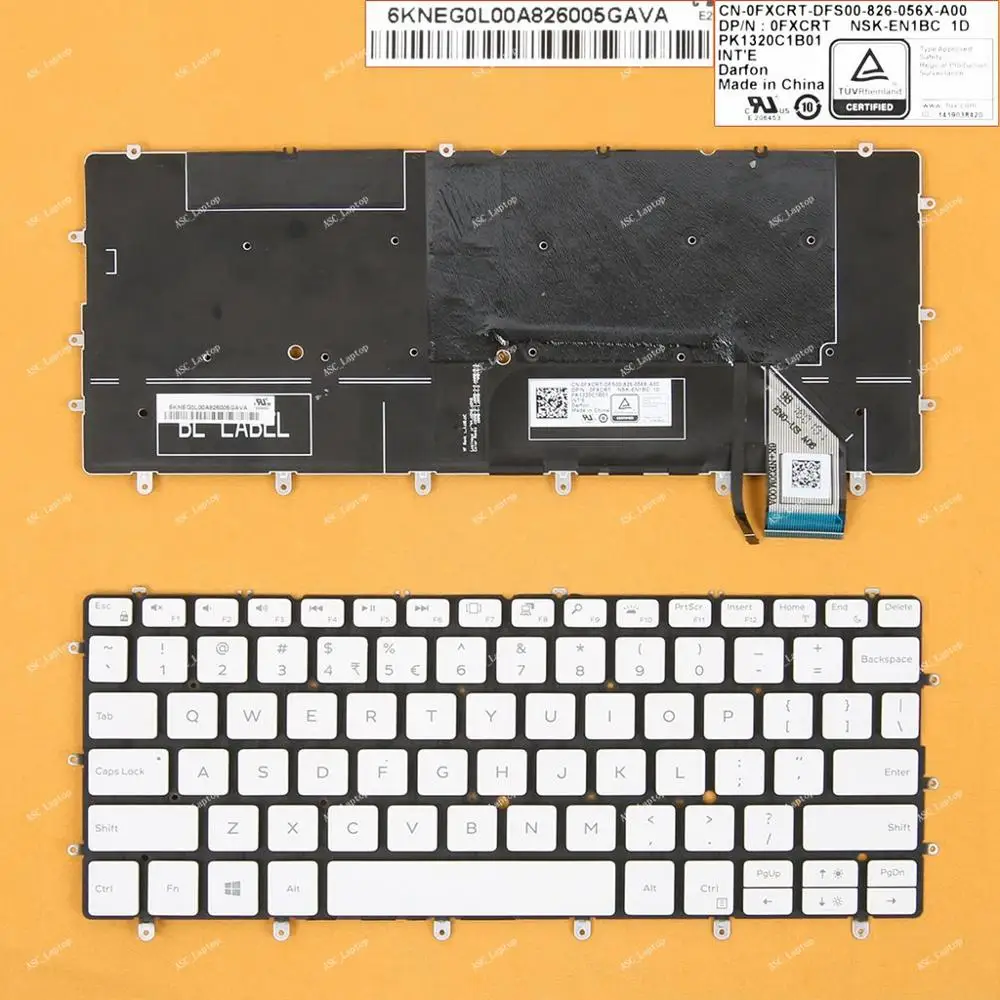

New US English QWERTY Keyboard for Dell XPS 13 9370 Laptop, BACKLIT, Without Frame , White 0K2NCP, WIN8