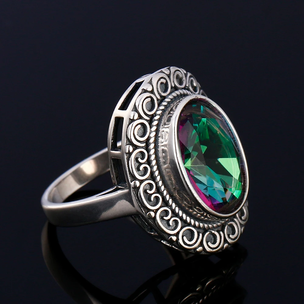 Pierścionek Glamour 10x14MM Tajemniczy Kolorowy Turmalin Damski Srebro S925 Biżuteria Pierścionek Retro Rocznica Impreza Damski — zdjęcie 5