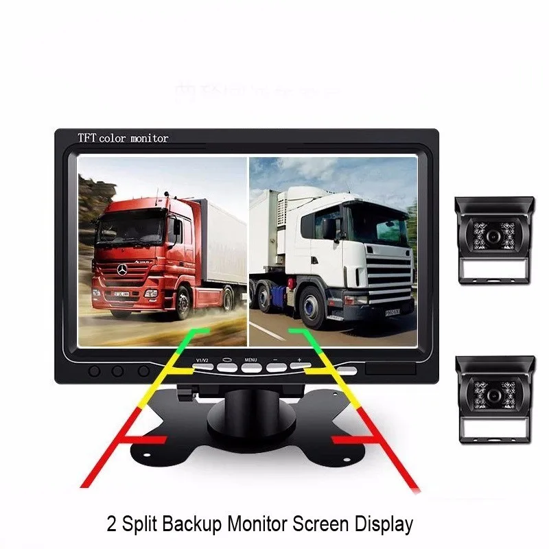 

Vehicle Backup Camera 7 Inch 2 Split Monitor Rear View Camera 18 IR Night Vision 2*65 ft Cables for Trailer Bus Trucks 12V-24V