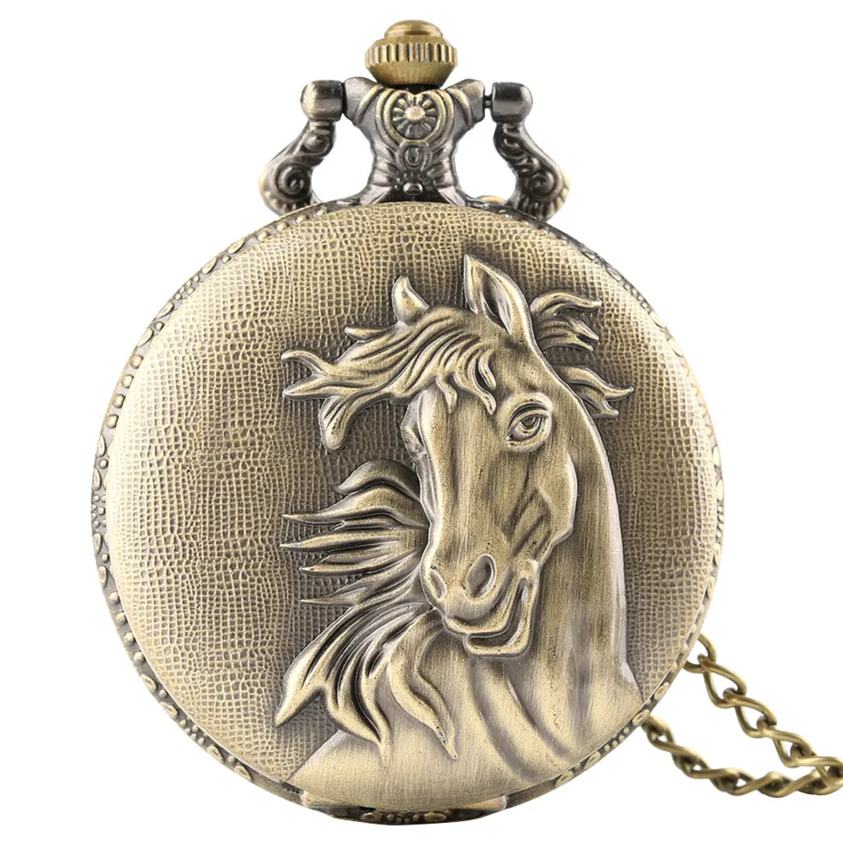 Vintage Bronze Pocket Watch Quartz Retro Horse Full Hunter Pendant Watch with Fob Necklace Chain Best Gift for Men Women reloj