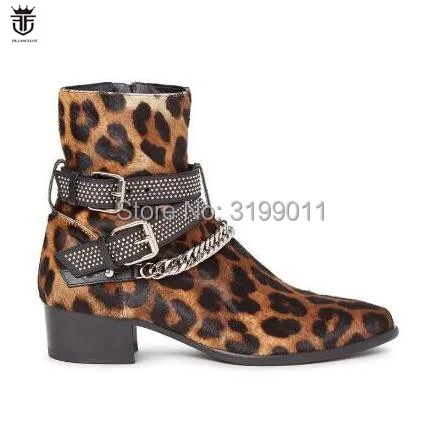 FR.LANCELOT 2020 Fashion sliver chains men boots men leopard ankle Boots men western boots 5cm heel glitter party shoes male