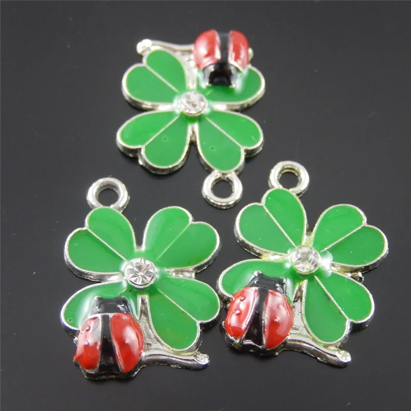 10PCS Lovely Clover Ladybug Enamel Alloy Pendant Charms Bracelet Earrings Jewelry Making Finding 18*16*3mm AU37058