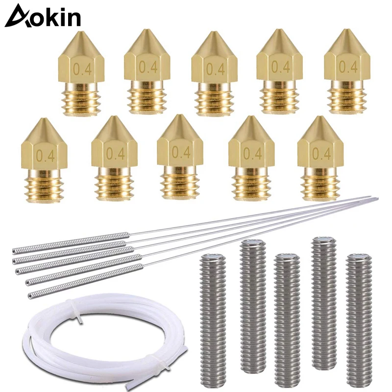 Aokin 0.4mm MK8 Brass Extruder Nozzle Print Heads with Cleaning Needles 0.4mm Drill Bits 1M PTFE Tube For MK8 3D Printer Parts