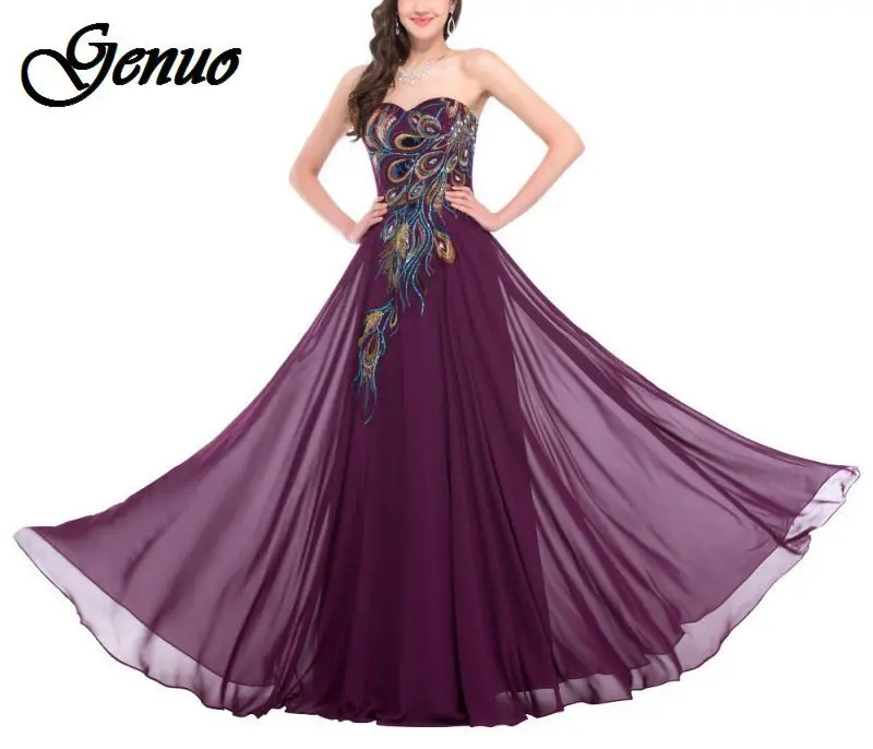 Thanh Lịch Người Nổi Tiếng Đảng Satin Voan Chém Cổ Dây Chém Cổ Đầm Con Công Thêu Sang Trọng Vestidos