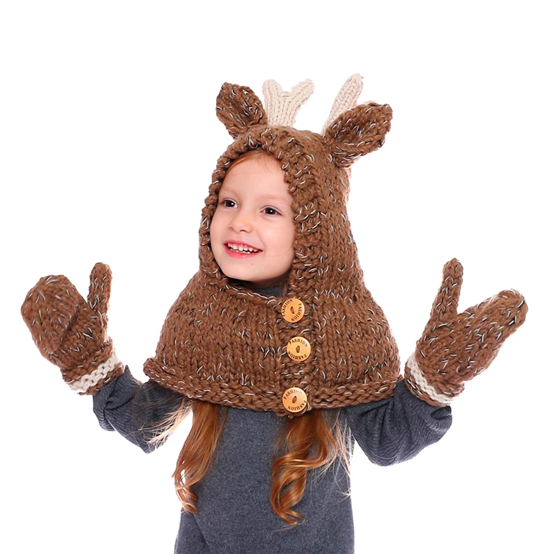 IANLAN New Winter Children Hats Scarves Gloves Girls Cute Reindeer Style Knit Wool Kids Hooded Hat Muffler Mittens Set IL00190