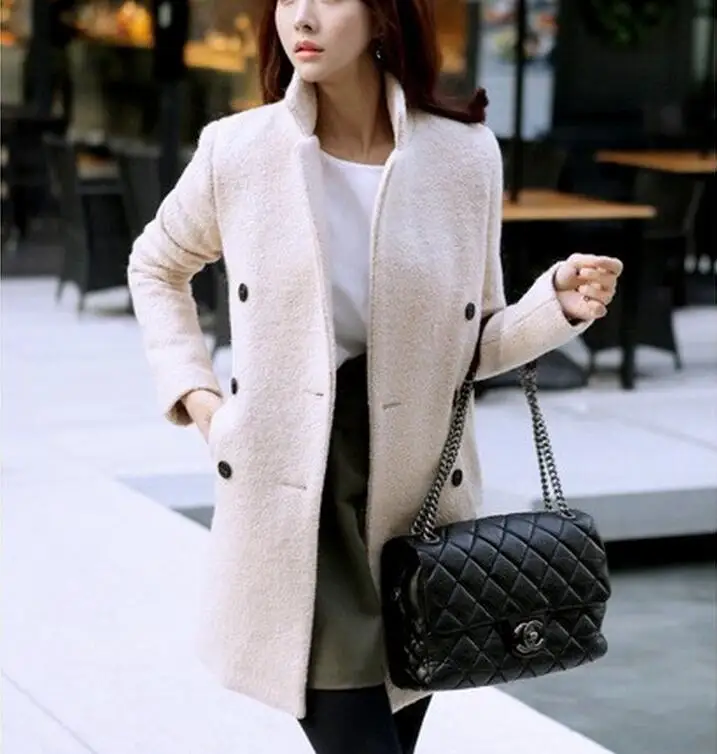 

Winter Wool Coat Women New Fashion Korean Beige Double-Breasted Coat Slim Thick Long-Sleeved Jacket big size XXL