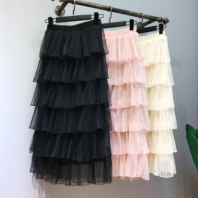 

Korea style Mesh Women Long Skirts Elastic Waist Pleated Midi Skirts Beach Boho Vintage Summer Skirts Faldas Ball Gown