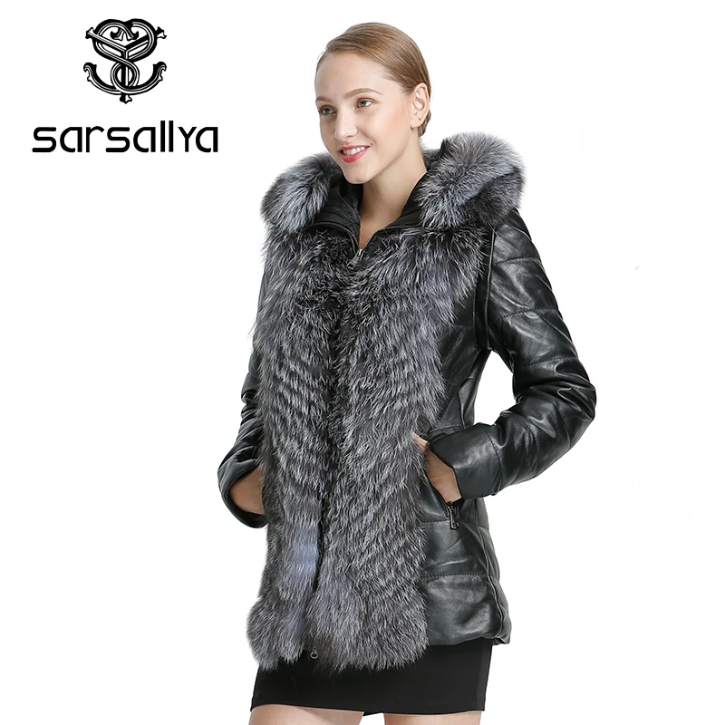 SARSALLYA Women Leather Jacket Coat Winter Warm Overcoat Natural Fox Fur Coat Detachable Jacket Real Fur Female Casual Women