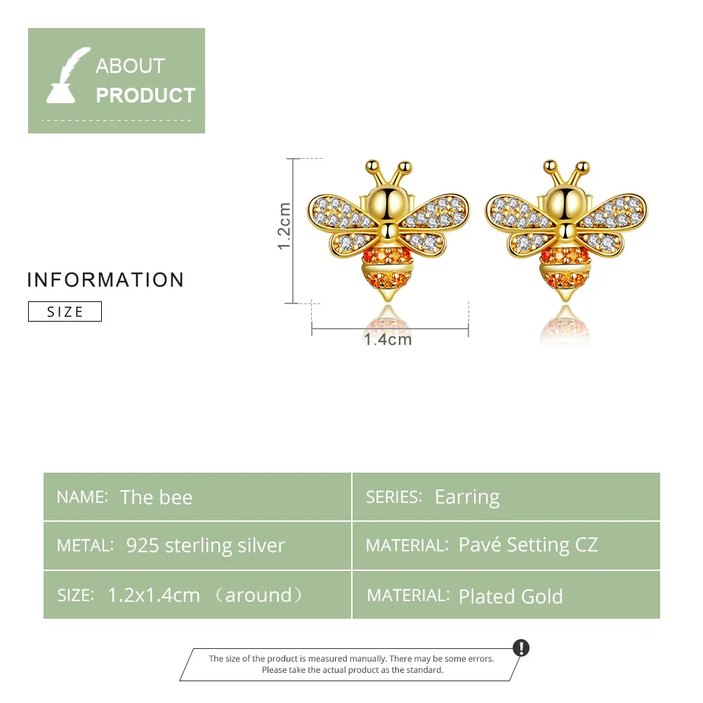WOSTU Sparkling Golden Bee Stud Earrings Oringinal 925 Sterling Silver Animal Earrings For Women Wedding Luxury Jewelry CQE344-b