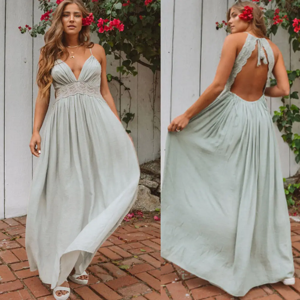 Frauen Boho Floral Maxi Lange Kleid Sommer Abend Party Strand Sleeveless Liebsten Spitze Solide Backless Ankle-Länge Kleid