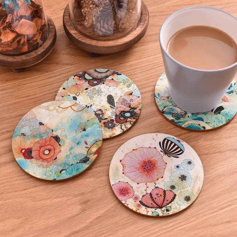 

Table Mat Round Dining Table Placemats Square Wooden Cup Pad Cork Flowers Insulation Mat Round Coasters Pad Coaster Kitchen Mat