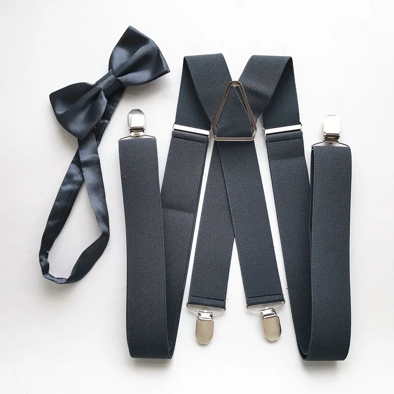 Dark gray  Color 140 cm XXL Size Big Adult Suspender Butterfly Bow tie Adjustable Suspenders Neck tie set Men Women LB054