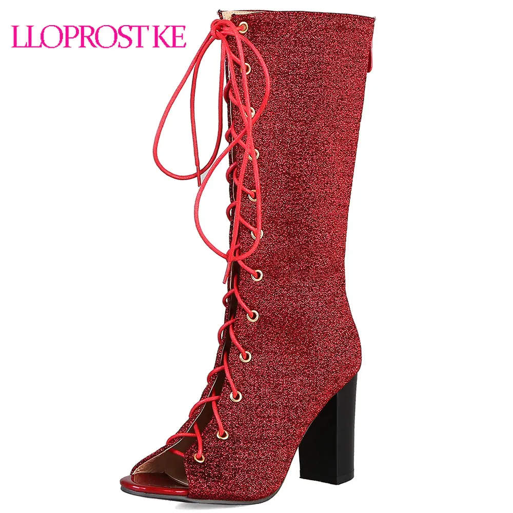 Lloprost Ke Size 33-48 Dikke Hak Vrouwen Schoenen Lace Up Mid Calf Laarzen Leisure Vrouw Zomer Laarzen Peep teen Platform Sandalen H185