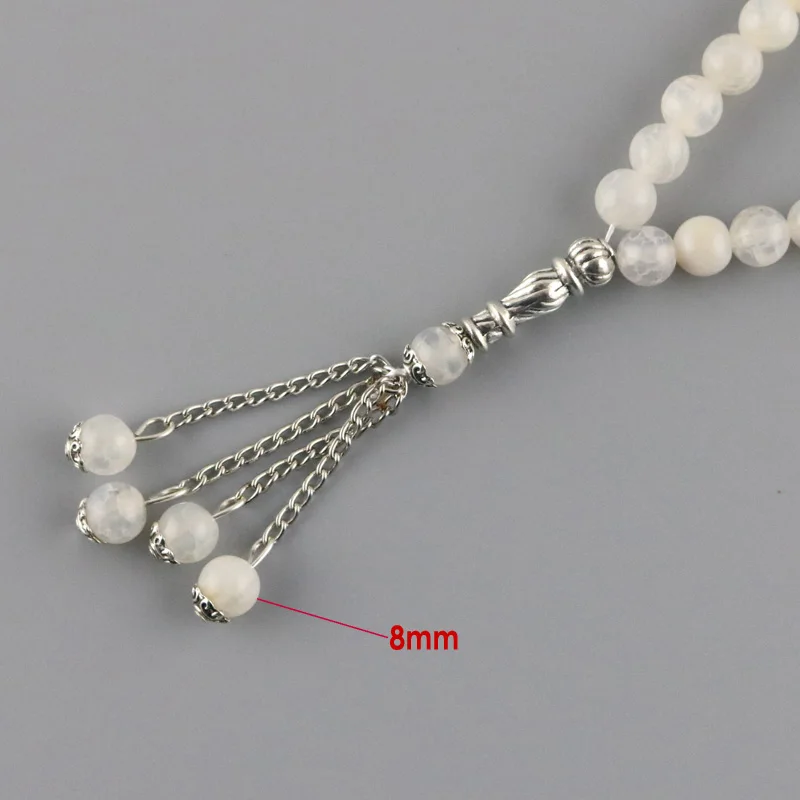 Natural Agate White Beads 8mm Round Beads 33 Islamic Rosary Muslim Tasbih Allah Beaded Bracelet Romantic Tassel Pendant Gift