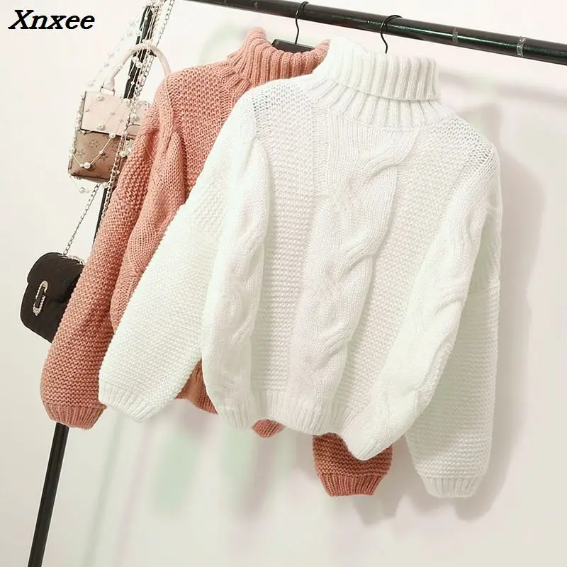 Xnxee-suéteres de estilo coreano para mujer, Jersey grueso de cuello alto, ropa corta de viento perezoso, Tops de color Beige y marrón, Otoño e Invierno