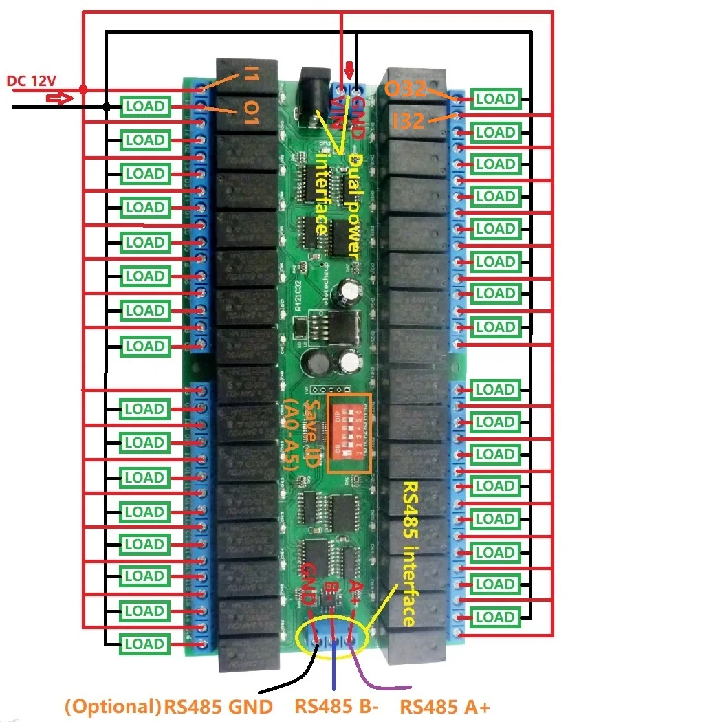 R421C32 DC 12V 32 Channels Modbus RTU RS485 Bus Relay Module UART Serial port Board for PLC LED Home automation door lock