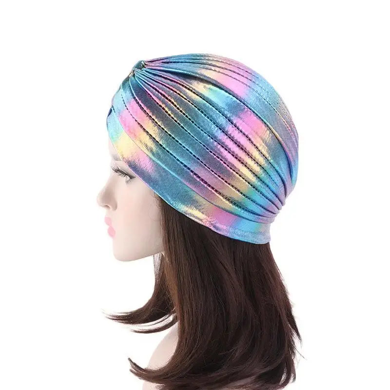 Women Glitter Turban Caps Muslim Head Rainbow India Cap Headwrap Chemo Hair Loss Hat Islamic Headscarf Bonnet Beanies