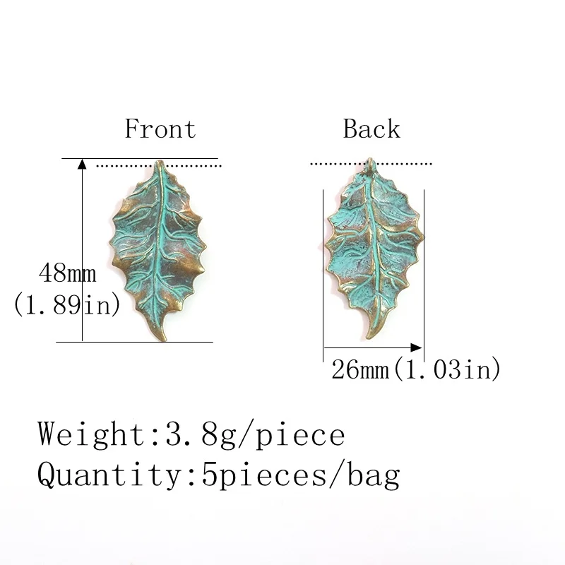 5pcs/bag 48*26MM New Retro Patina Plated Zinc Alloy Green Leaf Charms Pendants For DIY Accessories