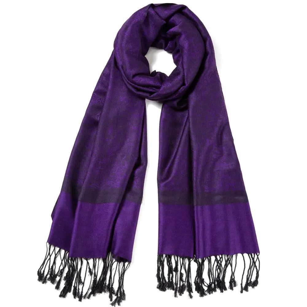 Pashimina Silk Paisley Scarf Jacquard Autumn Warp Winter Shawl Cashmere Hijab Long 2 Tones Soft High Quality Gift Purple Black
