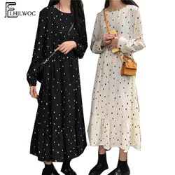 2022 Retro Dress 4XL 3XL Women Long Sleeve Casual Cute Sweet Preppy Style Girls Ladies Vintage Loose Long Ruffled Dot Dress 6312