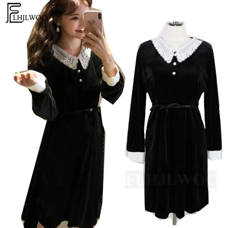 Little Black Dress 2022 Design Women Fashion Long Sleeve Casual Cute Sweet Girls White Lace Patchwork Vintage Midi Velvet Dress