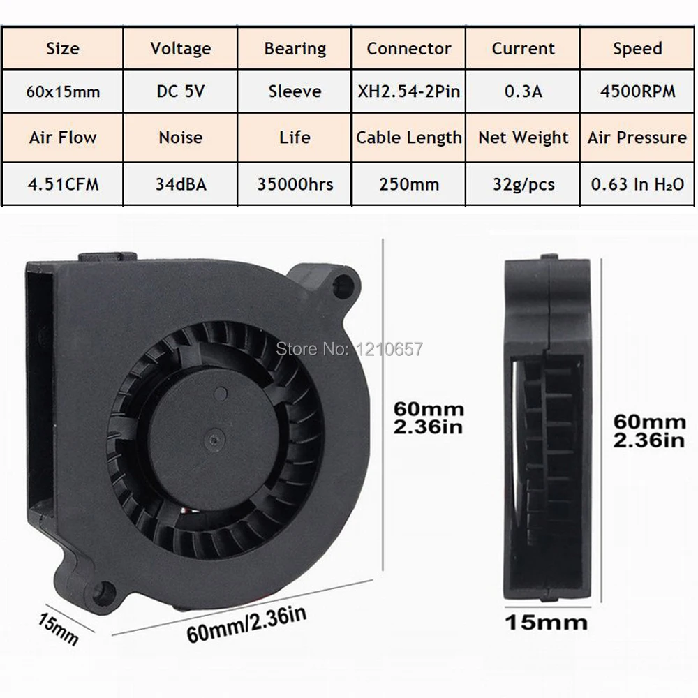 100 PCS Gdstime 60mm 5V 송풍기 냉각 팬 브러시리스 DC 배기 컴퓨터 쿨러 2Pin 60x15mm