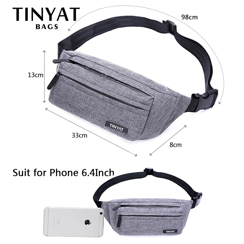 TINYAT Men Male Waist Bag Pack Grey Casual Functional belt bag Large Belt Pouch Phone Money Belt bag Fanny Travel Hip