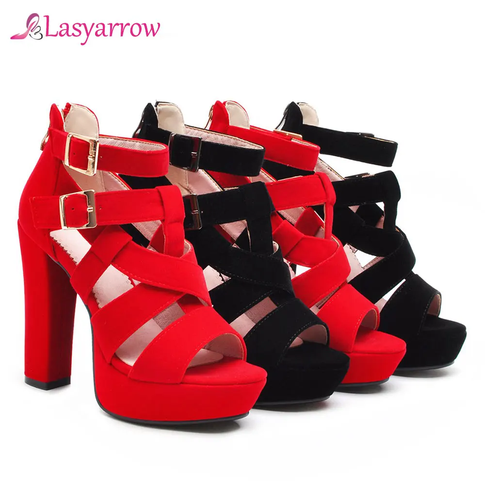 Lasyarrow 2020 Ankle Strap Cross Tied Design High Heel Sandals Women Party Wedding Ladies Platform Shoes Summer Black Red J754