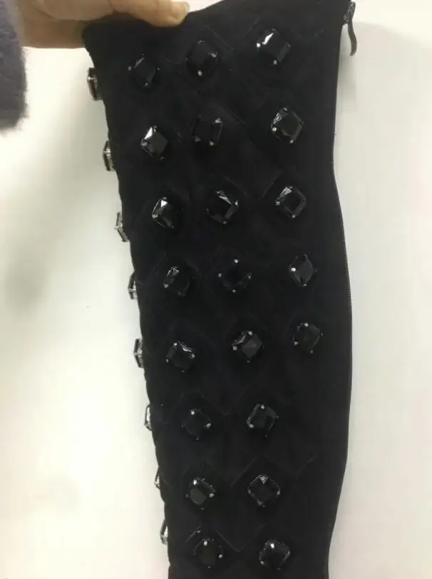 Bling Black Gem Rhinestone Embellished Spring Knee High Boots Female Thin Heels Knight Boots Fashion Pointed Toe Zapato Bottine