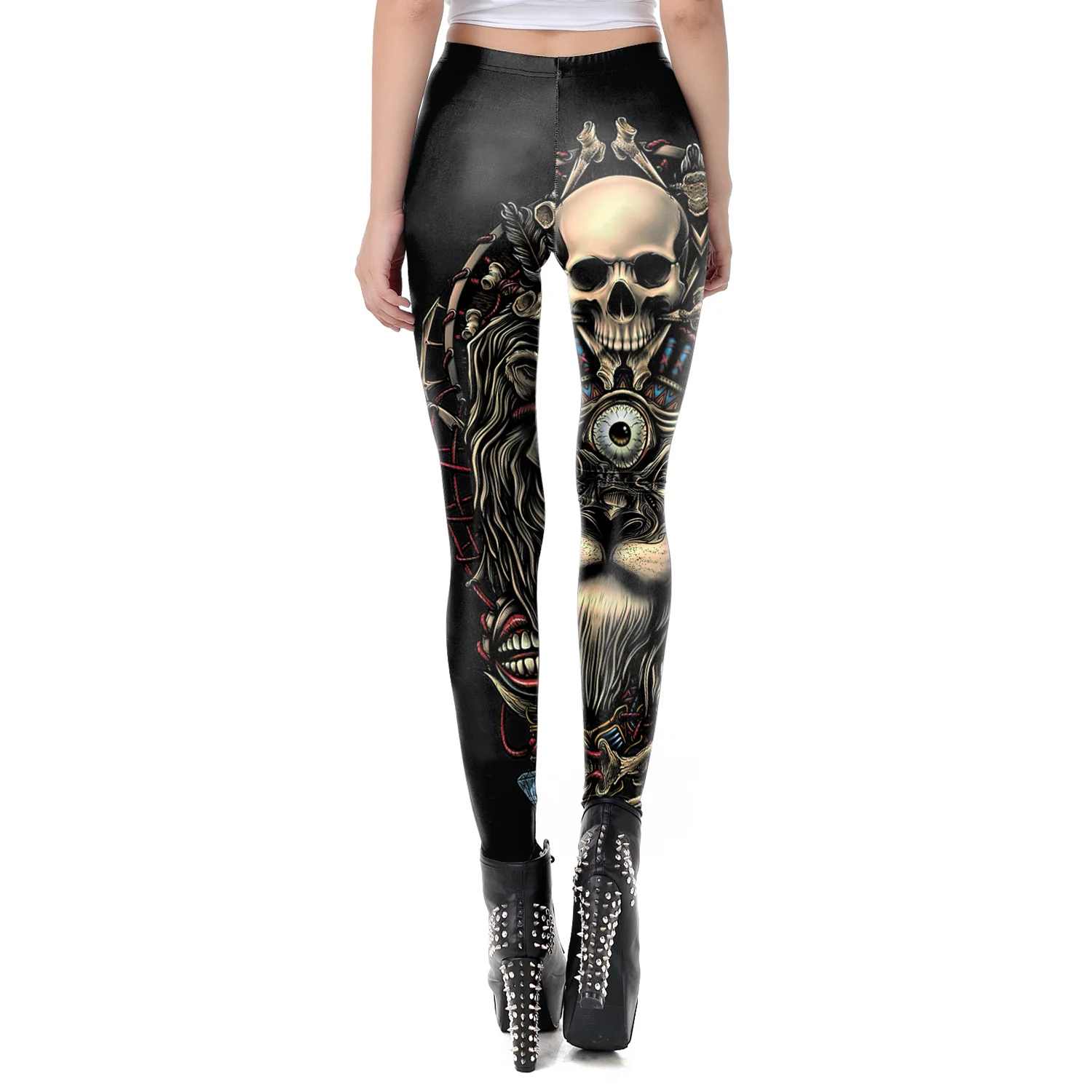 [ของฉัน Secret] ขาย Hot Leggings โกธิค Skull Punk ผู้หญิง Retro กลางเอว PUSH UP กางเกงขายาวออกกำลังกายกางเกง