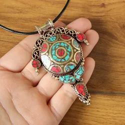 PN049 Ethnic Tibetan Jewelry Brass Colorful Stone Flower Women Pendant Necklace Handmade Nepal Pendants