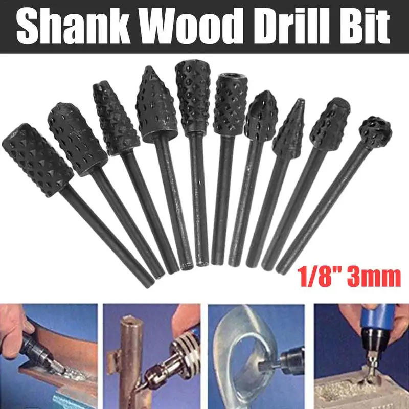 1/8'' 3MM Shank Wood Drill Bit Mini Rotary Rasp File Burr Set 10 PCS/ Set