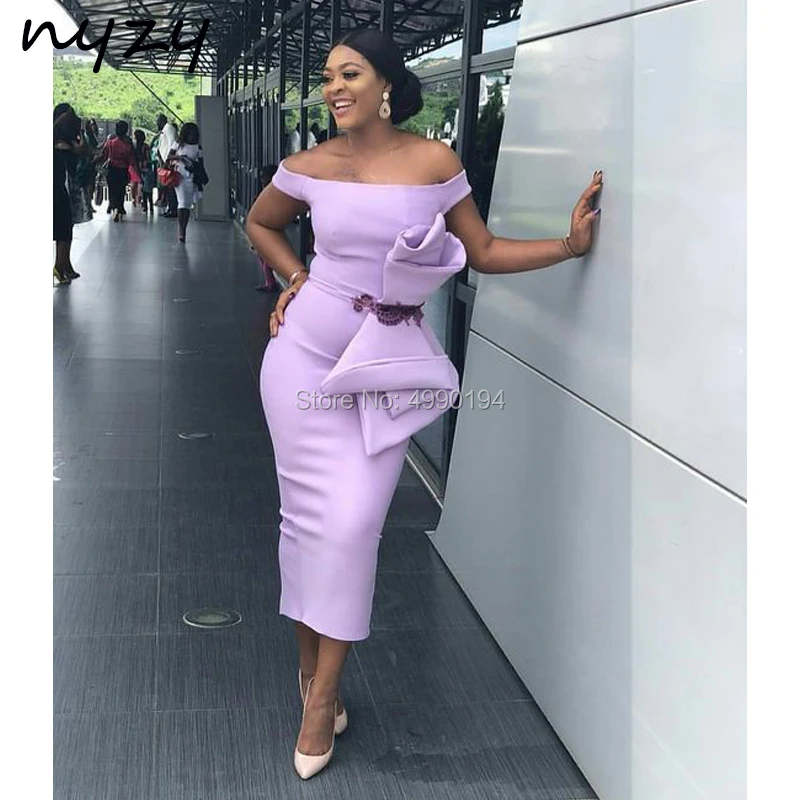 NYZY C83 Elegant Big Bow Off Shoulder Tea Length Lilac Long Dress Evening celebrity red carpet dresses African Party Dress