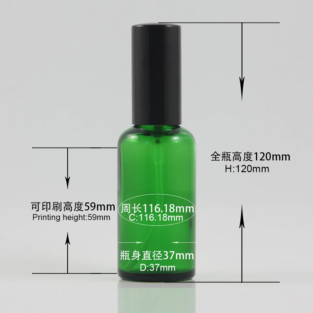 Wholesale glass bottle 50ml green packaging with black aluminum mist spray bottle 1.7oz