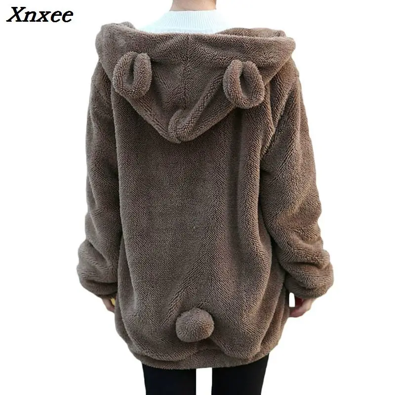 Hot Sale Women Hoodies Zipper Girl  Winter Loose Fluffy Bear Ear Hoodie Hooded Jacket Warm Outerwear Coat Cute Sweatshirt Hoody