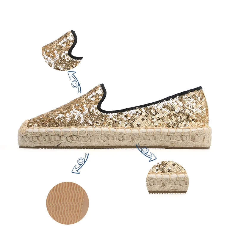 DZYM Spring Summer Sequined Cloth Women Flats Luxury Design Golden Sneakers Grass Woven Fisherman Shoes Loafers Espadrilles